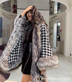 Product Show： Fur Trim Coat, Womens Faux Fur Coat, Lace Top Dress, Fur Cape, Black And White Style, Fur Coats Women, Tweed Coat, Backless Maxi Dresses, White Houndstooth