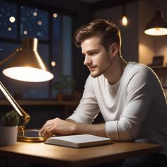 a man sitting at a desk in front of a laptop computer with a lamp on it