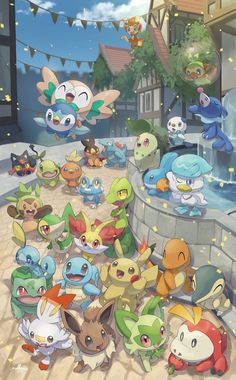 the pokemon characters are all lined up together in front of a fountain and some buildings