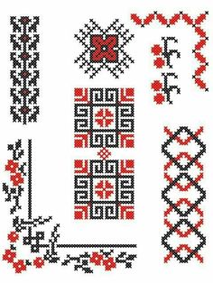 some type of cross stitch pattern with red and black designs on white paper, including the letters