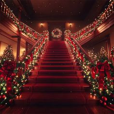 the stairs are decorated with christmas lights and garlands