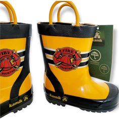 Kamik Toddler Firefighter Waterproof Rubber Rain Boots. Perfect For Your Little One Who Wants To Be A Fireman! These Easy Slip-On Rain Boots Are Designed With A Waterproof Rubber Upper To Keep Wet Elements Out, Perfect For The Upcoming Spring Rain. New With Tags (No Box) Size: Toddler 5 Color: Yellow W/ Black Stripes And Red Fireman Decals Rounded-Toe Pull Handles (Easy On-And-Off) Soft Lining And Cushioned Footbed Non-Slip Rubber Outsole - Provides Stability And Support Striped Pattern Along Th Casual Yellow Rain Boots For Outdoor, Yellow Weatherproof Rain Boots For Outdoor, Kamik Winter Boots, Toddler Duck Boots, Black Non-slip Rain Boots For Outdoor Activities, Hunter Rain Boots Toddler, Boys Winter Boots, Boys Snow Boots, Yellow Rain Boots Toddler