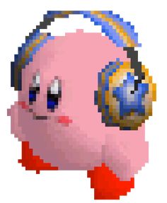 a pixel art image of a pink fish with blue eyes and red ribbon around it's neck