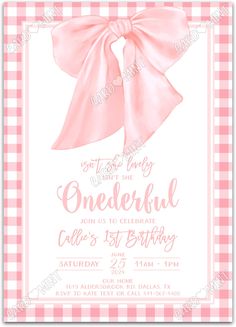 a pink and white gingham themed birthday party with a large bow on the front