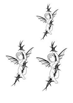 three small cartoon cherubs with wings on their backs, one flying and the other sitting down