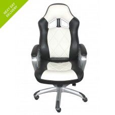 a white and black office chair with wheels