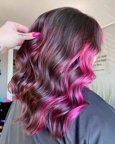 Brunette With Fun Color Highlights, Pink Streaks In Brown Hair Short, Pink Highlights Short Hair, Pink Balayage Black Hair, Pink Highlights In Brown Hair Short, Dark Pink Highlights In Brown Hair, Brown Hair With Pink Tips, Dark Brown Hair With Pink Highlights, Dark Hair With Pink Highlights