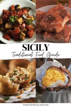 four pictures with different foods in them and the words spicy traditional food guide