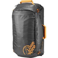 the large rolling bag is grey with orange handles and an orange handle on it's side