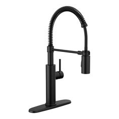 a black sink faucet with a hose attached to the side and an arm spout