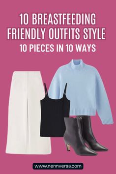 This blog post highlights 10 essential wardrobe staples every breastfeeding mom should have, along with creative outfit ideas to make nursing easier and more stylish. From versatile tops to functional dresses, these pieces are designed to help you feel confident and comfortable while breastfeeding, without sacrificing fashion. Breastfeed Friendly Outfit, Nursing Clothes Hacks, Breast Feeding Mother Outfits, Nursing Tops Breastfeeding, Creative Outfit Ideas, Capsule Wardrobe Essentials