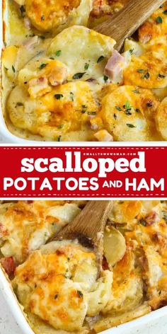 two images with the same image in red and white, one shows scalloped potatoes and ham