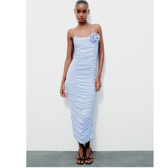 Straight Neck Long Fitted Dress With Spaghetti Straps Ruched Fabric Bloggers Fav Zara Ruched Midi Dress For Summer, Zara Spring Ruched Maxi Dress, Zara Ruched Maxi Dress For Spring, Zara Draped Dress, Long Fitted Dress, Padded Dress, Long Fitted Dresses, Long Sleeve Sequin Dress, Flounced Dress