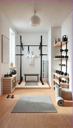 a white room with shelves and yoga mats on the floor