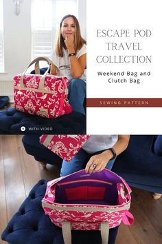 a woman sitting on a blue couch with a pink bag in front of her and the text escape pod travel collection weekend bag and clutch bag