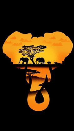 an elephant and giraffes are silhouetted against the sunset in this illustration