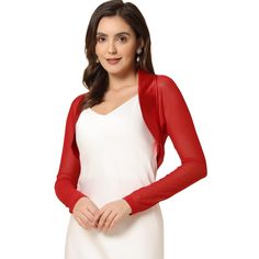 This sheer-sleeve shrug in a soft and lightweight fabric makes an easy, elegant top that can be worn cinched at the shoulder. Complete with fashion chiffon bolero shrugs running through the neck, highlighting the neckline. Perfect for slipping on over your occasions and events. This contemporary cover-up is designed for a clean, collarless silhouette so it is precisely cropped above the waist. Chiffon Bolero, Shrug Top, Cropped Shrug, Mesh Cardigan, Bolero Wedding, Bolero Cardigan, Lace Bolero, Shrug Cardigan, Womens Tie