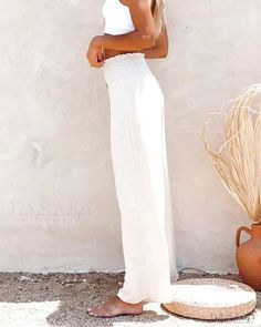 Lasaky - Ruched Ruffle Hem High Waisted Trousers High Waist Fashion, Wide Leg Linen Pants, Weave Style, Straight Trousers, Pantalon Large, Linen Trousers, Fashion Pattern, Palazzo Pants, Pure Color