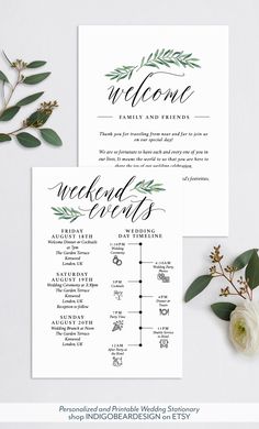 wedding welcome card with greenery and flowers