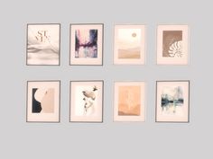 nine framed art pieces on a wall in various shapes and sizes, including one with an abstract painting