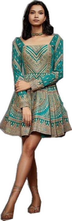 Geometric Embroidery Dresses For Festivals, Festive Dress With Geometric Embroidery For Festivals, Festive Dresses With Geometric Embroidery, Festive Fitted Dresses With Geometric Embroidery, Angarkha Short Kurti, Green Long Sleeve Dress For Navratri, Green Dress With Intricate Embroidery For Navratri, Festive Embroidered Dress With Geometric Embroidery, Festive Green Bohemian Embroidered Dress