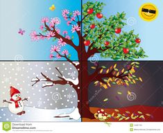 four different seasons trees with snow, apples and flowers on them in three separate panels