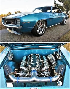 two pictures side by side of a blue car with the hood up and the engine showing