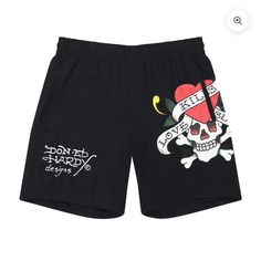 Love Kills Slowly Print Short Black Graphic Print Bottoms For Summer, Edgy Summer Bottoms With Letter Print, Love Kills Slowly, Love Kills, Denim Hoodie, Baby Outerwear, Women Men Shoes, Trending Today, Red Shorts