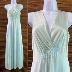 Vanity Fair seafoam/mint green long nightgown. Top is more of a mint color and bottom is more of a seafoam with blue tone. Lace detail at waist and draped bust area. Free flowing hips. Marked a size 32 which is a modern small. In very good vintage condition. Made in the USA. 100% nylon.  Measures 54" in length x 15" across chest Green V-neck Nightgown For Bedtime, Green V-neck Nightgown For Sleep, Green Summer Sleepwear For Wedding Night, Green Summer Wedding Night Sleepwear, Long Nightgown, Blue Tone, Women's Nightgowns, Vintage Vanity, Free Flowing