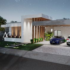 two cars are parked in front of a modern house at night with stars above them