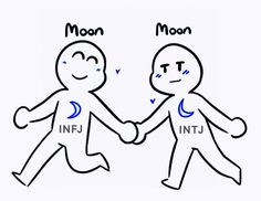 two people holding hands with the words moon and man in blue on their faces, drawn by hand