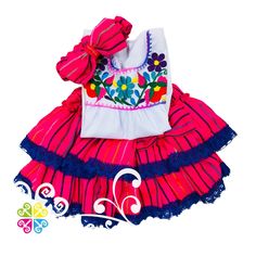 A flirtatious, three piece outfit composed of a skirt, blouse, and headband. The skirt is made with a multicolored fabric, with two layers, cotton lace and elastic waist from artisan from Oaxaca. The white blouse is stitched in multiple colors with machine embroider on pedal sewing machine by artisans from Puebla. Embroider may vary from picture.  Finally, the outfit is accompanied by a headband made of the same material as the skirt. Perfect out fit to celebrate any Mexican holiday like 5 de Ma Fitted Sets For Summer Dress-up, Fitted Cotton Sets For Dress-up, Multicolor Festive Skirt For Spring, Fitted Sets For Spring Dress-up, Fitted Sets For Dress-up In Spring, Fitted Sets For Dress-up Occasions In Spring, Cotton Party Sets With Ruffles, Summer Costume Skirt With Ruffles, Summer Cotton Dress-up Sets