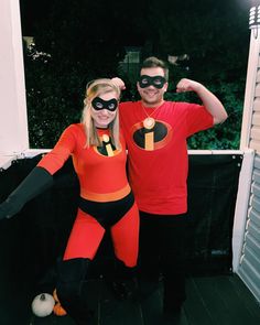 a man and woman dressed up as the incredibles posing for a photo in their costumes