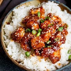 a bowl filled with rice and meat covered in sesame seeds