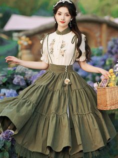 ❤︎dark green sus skirt + flower blouse❤︎ Floral Fairy Dress, Floral Fairy, Cottagecore Outfits, Old Fashion Dresses, Hanfu Dress, Dress Cottagecore, Customized Products, Cottagecore Dress, فستان سهرة