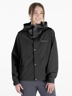 Inspired by a long history of staying dry in the mountains, the Cascade brings a retro feel to this breathable waterproof 2L rain shell for everyday excursions. Polyester ripstop fabric with water repellent coating and 100% taped seams make this a prime stormproof option when you're headed into work or the woods. Snap button cover over the center zipper adds a vintage touch that will win you style points with old school mountain townies and your weekend crew. | Marmot Women's Cascade Jacket Rain Jacket Women, Long History, Ripstop Fabric, Comfort Wear, Waterproof Jacket, Rain Wear, In The Mountains, Black Fits, Covered Buttons