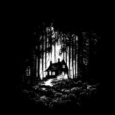 a black and white image of a house in the woods at night with light coming through trees