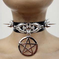 Handmade Jewelrygothic Choker With Pentagramspike | Etsy Gothic Choker For Halloween And Alternative Fashion, Halloween Punk Style Choker For Cosplay, Gothic Spiked Choker For Festivals, Gothic Choker For Concert, Silver Alternative Jewelry For Cosplay, Edgy Silver Choker For Cosplay, Gothic Metal Choker For Festivals, Gothic Metal Choker For Concerts, Punk Metal Jewelry For Fantasy Events