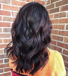 Dark Hair With Fall Highlights, Black Hair With Deep Red Highlights, Black Hair Warm Highlights, Cherry Cola Balayage On Black Hair, Dark Cherry Highlights On Dark Hair, Dark Raspberry Hair, Dark Brown Hair With Red Tint, Cherry Purple Hair, Cherry Cola Balayage