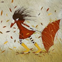 a painting of a girl holding an umbrella in the grass with falling leaves around her