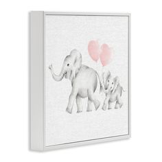 an elephant family with two baby elephants holding red balloons on a white background canvas wall art print