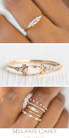 two different views of the same ring with diamonds on each side and an image of a woman's hand