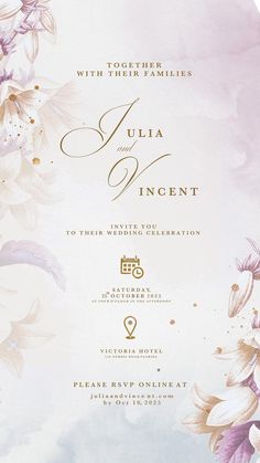 an elegant wedding card with flowers on it