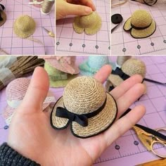 there are pictures of hats being made with scissors and other things to sew on the table