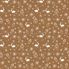 a brown background with white snowflakes and small houses on it's sides