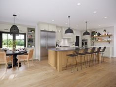 a kitchen with an island and chairs in it