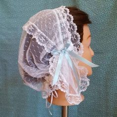 Lacy Daycap with short lappets Fitted Vintage Bonnet With Lace Trim, Wedding Bonnet With Lace Trim, Vintage Wedding Bonnet With Lace Trim, Mountain Man Rendezvous, Cap Veil, Period Pieces, Satin Ribbon Bow, Simple Pearl, Doll Hat