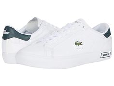 Lacoste Powercourt 0520 1 SFA - Women's Shoes : White/Dark Green : The Lacoste Powercourt 0520 1 SFA offers style and comfort with a low-profile construction, plain round toe, and color-block accents. Leather and synthetic upper materials. Lace-up design for a secure fit. Signature logo accents at the tongue, side, and heel. Breathable man-made lining. OrthoLite cushioned footbed for all-day comfort. Man-made outsole. Imported. Measurements: Weight: 14 oz Product measurements were taken using si Mens Lacoste, Lacoste Women, Grey Green, Shoes White, Signature Logo, White Sneakers, Leather Sneakers, White Sneaker, A Smile