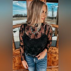 Black Lace See Through Top For Layering Black Sheer Outfit, Lace Under Shirt Outfit, Black Lace Long Sleeve Top Outfits, Black Lace Undershirt Outfit, Styling Lace Top, Lace Mesh Top Outfit, Lace Top Outfit Night, Lacy Tops Outfit, Long Sleeve Lace Top Outfit