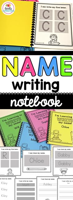 the name writing notebook is shown with different colors and font on it, as well as pictures